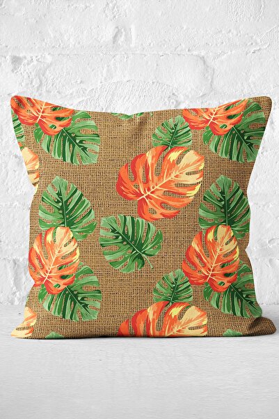Realhomes Digital Printed Throw Pillow Cover with Exotic Leaves Motifs Orange and Green Lotus Pattern on Wicker Floor