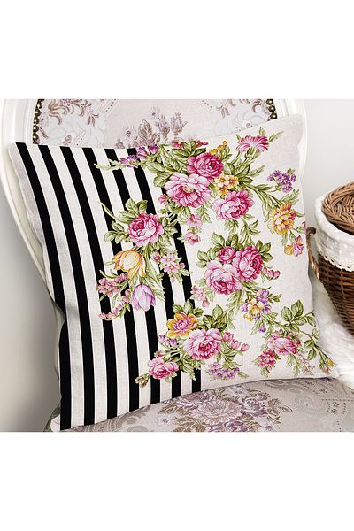 Realhomes Negru - Roz Podea cu Motiv Floral Motiv Geometric Husa de Perna Imprimata Digital