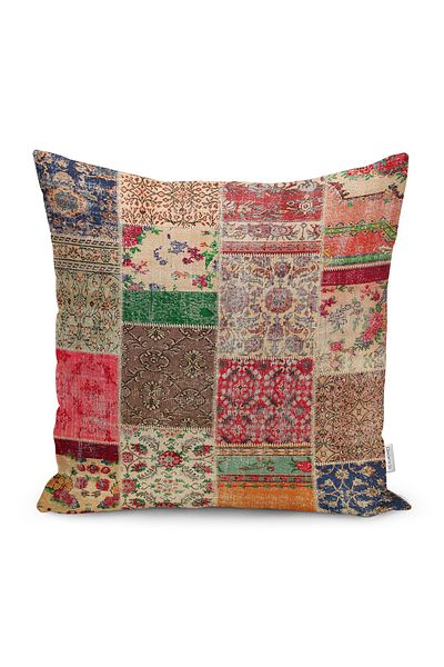 Realhomes Red - Traditional Patterned Digital Printed Pillow Throw Pillow Cover with Patchwork Motif on Cream Floor