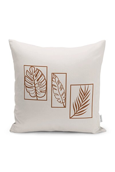 Realhomes Ekru - Kahverengi Zeminde Çerçe Motifli Yaprak Desenli Dijital Bask...