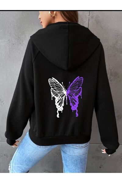 LOUİSA Hooded Zipper Purple&white Butterfly Detailed Cardigan