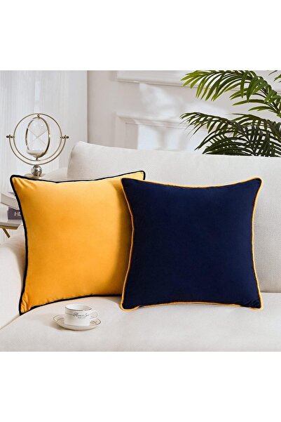 Bc Home غطاء وسادة رمي مكون من قطعتين باللون الأصفر والأزرق الداكن، مظهر مخمل...