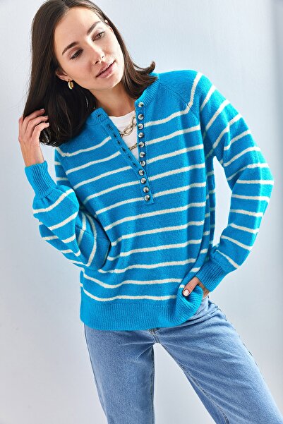 Bianco Lucci Women's Buttoned Collar Turtleneck Striped Knitwear Sweater