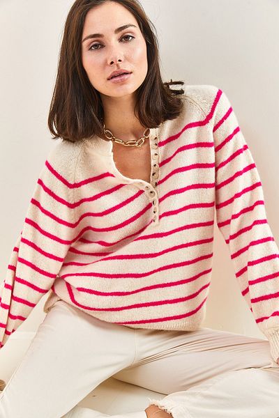 Bianco Lucci Gestreifter Strickpullover mit Rollkragen und geknöpftem Kragen für Damen
