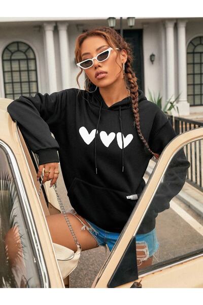 Yasolin Ženska majica Heart Štampano Sa kapuljačom crna