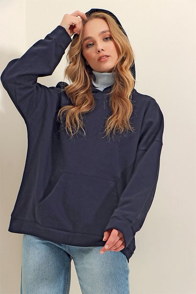 Trend Alaçatı Stili Hanorac pentru femei, albastru bleumarin, cu glugă, cu buzunar cangur, cu 3 fire ALC-531-009