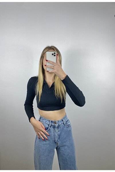 ByGece Polo Neck Long Sleeve Crop Blouse