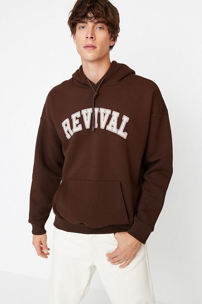 Trendyol Collection Braunes Unisex-Fleece-Shirt - Übergröße mit Kapuze, warm TMNAW22SW1462