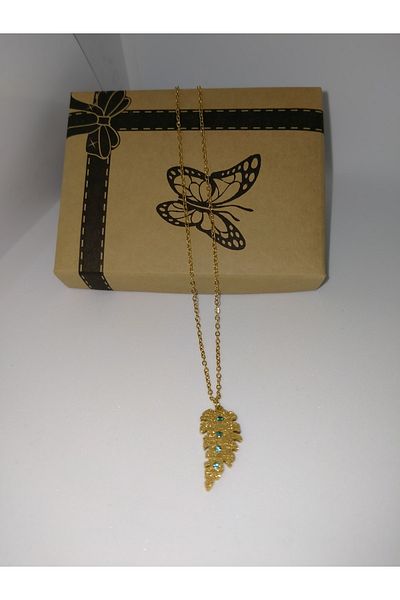 MİRAKSESUAR Sandy Leaf Steel Necklace with Green Stone Detail