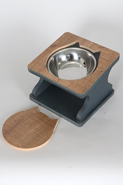 HobiMax Tek Çelik Kaseli Ve Kapaklı Ahşap Batman Figürlü Kedi Mama Ve Su Kabı