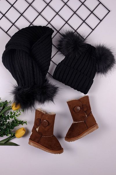 ADA BEBEK ÇOCUK Παιδικές Μπότες Γούνινες Μπότες Suede - Pompom Scarf Beanie Set Boots Scarf Beanie Set