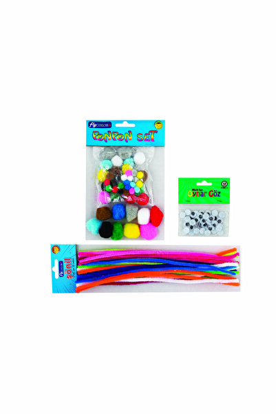 FLY COLOR Ponpon Set 50'li + Oynar Göz 12mm 50'li + Şönil 30 Cm 25'li El Işi ...