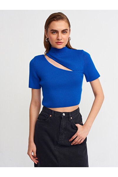 Dilvin 10277 Polu-ribarski niski džemper - Kobalt plava