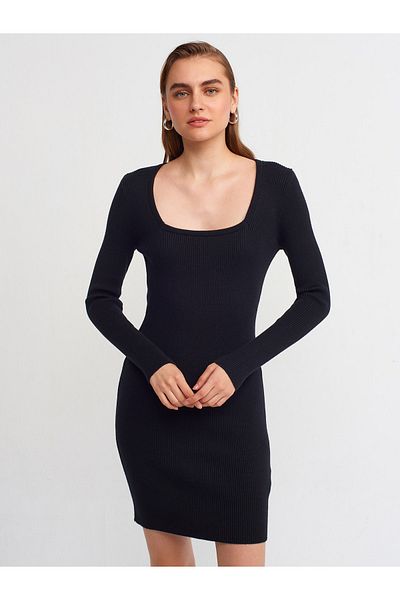 Dilvin 90121 Square Neck Ribbed Knitwear Dress-black