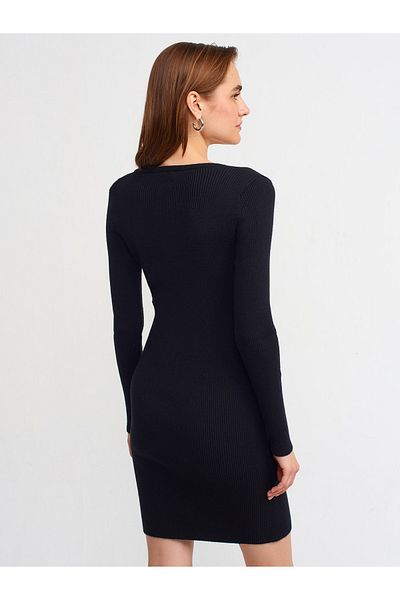 Dilvin 90121 Square Neck Ribbed Knitwear Dress-black