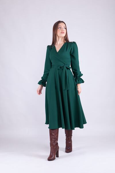 Bidoluelbise Γυναικείο φόρεμα με μακρυμάνικο γιακά με διπλό στήθος μίντι