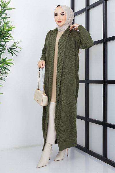 Pamuk Butik Γυναικεία πλεκτή ζακέτα με γιακά σάλι Χακί με λεπτομέρεια πλεκτή τσέπη