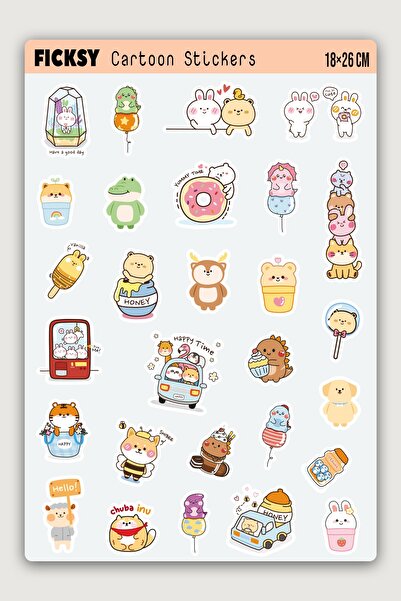Ficksy Kawaii Stili Sevimli Hayvanlar Sticker Seti - 29 Adet Etiket Çıkartma