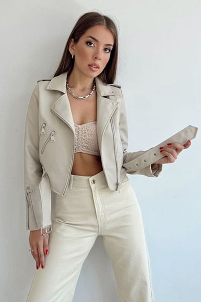 fehika Γυναικείο δερμάτινο μπουφάν Crop Biker με φερμουάρ σε μπεζ / κρεμ επένδυση