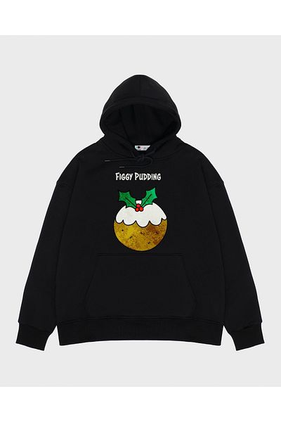 GreenMint Black Hooded Unisex Sweatshirt - Figgy Pudding Design, White Lettering T-Shirt