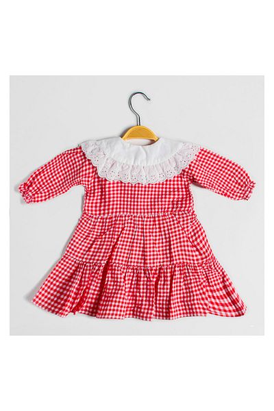 Şirin Şeyler Butiği Long Sleeve Girl's Checked Scallop Embroidered Cotton Red Dress