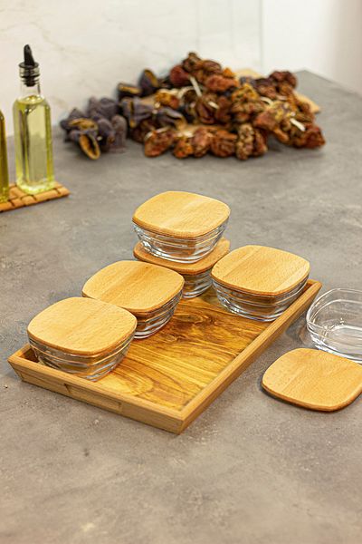 ETKA Dizayn Tulipa 6-Piece Glass Breakfast Set with Wooden Lid and Tray Presented Breakfast Set