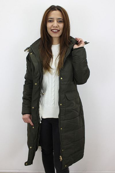 BELLİSİMO Fistan Store Women's Khaki Green Hooded Long Winter Puffer Coat with Zipper and Snap Closure