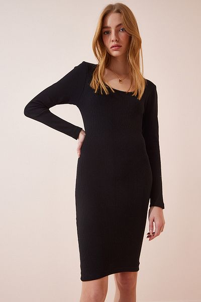 Happiness İstanbul Women's Black Square Collar Lycra Corded Knitted Dress GT00206