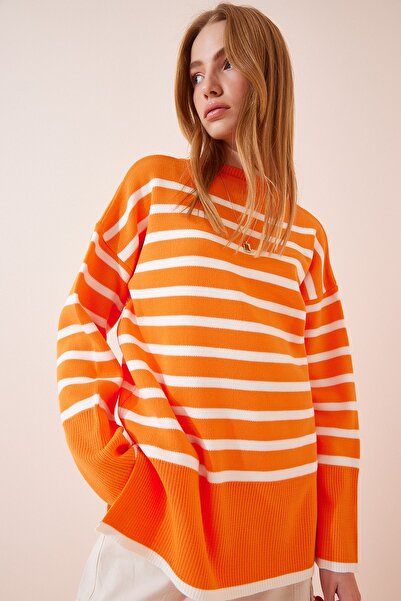 Happiness İstanbul Pulover de damă, portocaliu, alb, în dungi, tricotaj supradimensionat YY00085