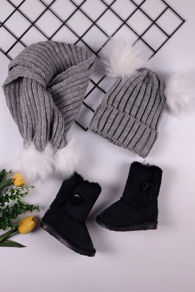 ADA BEBEK ÇOCUK Παιδικές μπότες Γούνινες μπότες σουέντ - Pompom Scarf Beret Set Boots Scarf Beret Set