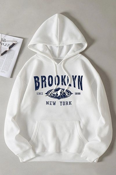 MODAGEN Unisex Brooklyn New York 98 Printed Hooded White Oversize Sweatshirt