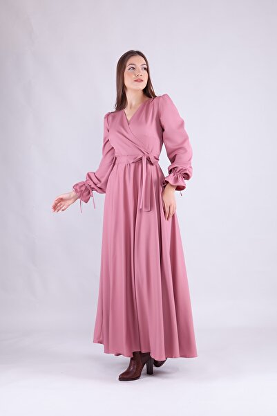 Bidoluelbise Kadın Maxi Boy Kruvaze Yaka Uzun Kol Elbise