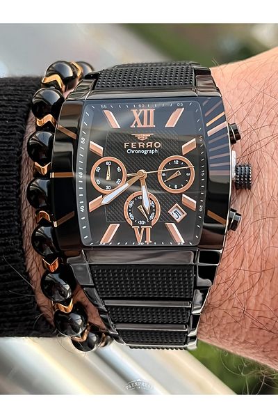 FERRO Steel Mesh Cord VIP Model Black Color Functions Active Men's Wristwatch Bracelet