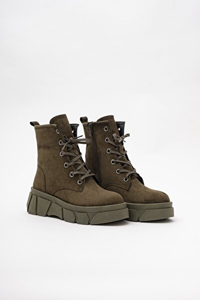 AYAKKABI PRENSİ Plushy Bağcıklı Ve Taş Detaylı Haki Suet 6 Cm Kadın Bot & Bootie, Topuklu Ayakkabı