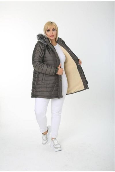 By Alba Collection Women's Khaki Wool Curly Puffer Jacket