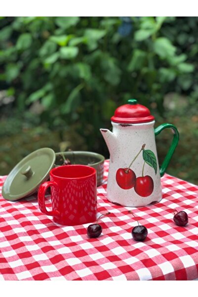 Handmadesign Kapaklı El Yapımı Seramik Sürahi Renkli Kirazlı Kırmızı Yeşil Ya...