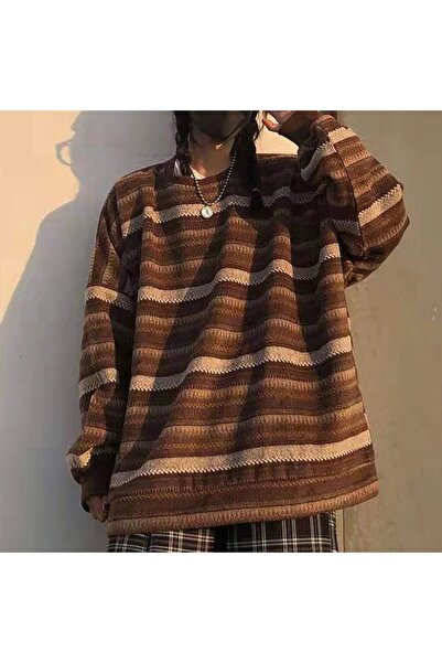Köstebek Harajuku Fashion Streetwear Vintage Brown Striped Sweater