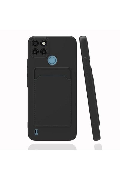 Fibaks حافظة Realme C21y مع حماية للكاميرا ومحفظة للبطاقات ومفتاح أحمر وغطاء سيليكون أسود