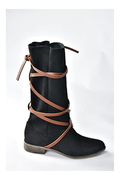 Prego Yuvarlak Burunlu Çapraz Şerit Detaylı Diz Altı Kadın Çizme