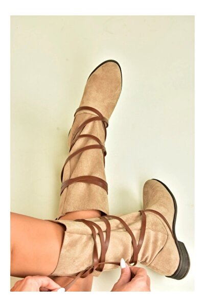 Prego Yuvarlak Burunlu Çapraz Şerit Detaylı Diz Altı Kadın Çizme