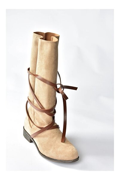 Prego Yuvarlak Burunlu Çapraz Şerit Detaylı Diz Altı Kadın Çizme