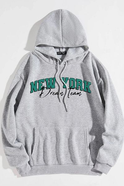 MODAGEN Unisex Grey New York Dream Team φούτερ με στάμπα με κουκούλα oversize