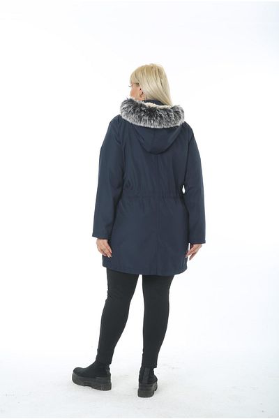 By Alba Collection Women's Navy Blue Water Repellent Bondit Fabric Fur Hooded Large Size Coat
