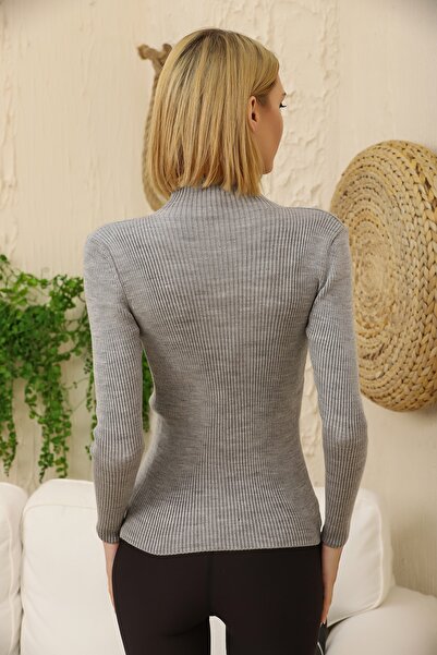 VEGENZE Women's Gray Self-Collared Ribbed Knitwear Sweater