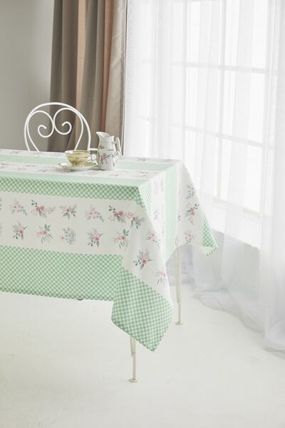 AYSHOME Покривка за маса за хранене Ays Home Green Gingham Floral Shaped от плат