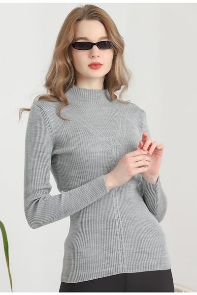 VEGENZE Pulover de damă gri cu guler rotit, cu șnur, tricotat cu model