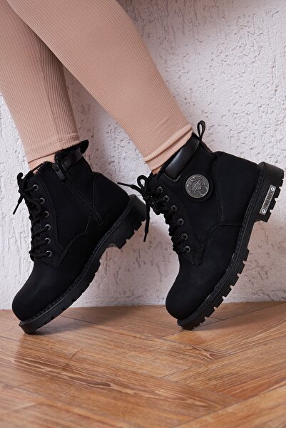 ALTUNTAŞ Unisex Artificial Matte Leather Thermo Sole Boots with Fur Inside, Zipper and Adjustable Lace Detail - Black
