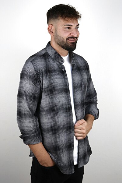 alenmeza Ανδρικό γκρι μαύρο χειμερινό μελανζέ ξυλοκόπο καρό/καρό μοντέρνο πουκάμισο με τσέπες