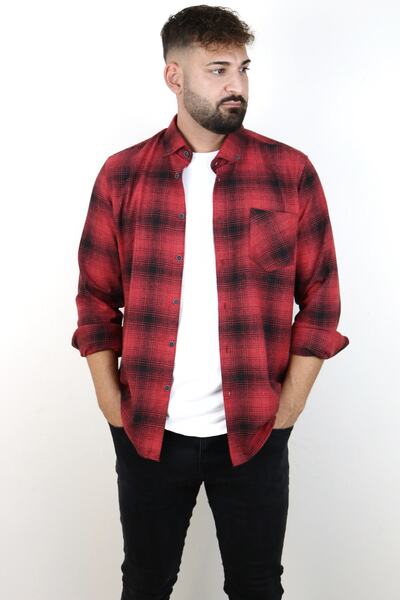 alenmeza Erkek Kırmızı Siyah Kışlık Melanj Oduncu Ekose/kareli Cepli Modern Fit Gömlek