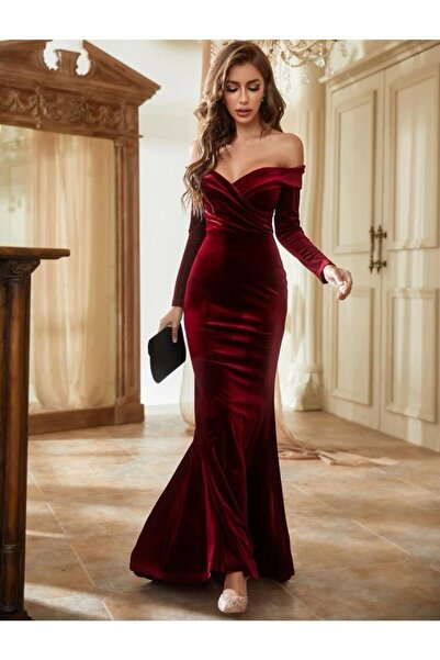 Styling Park Omuz Dekolte Kadife Abiye Elbise